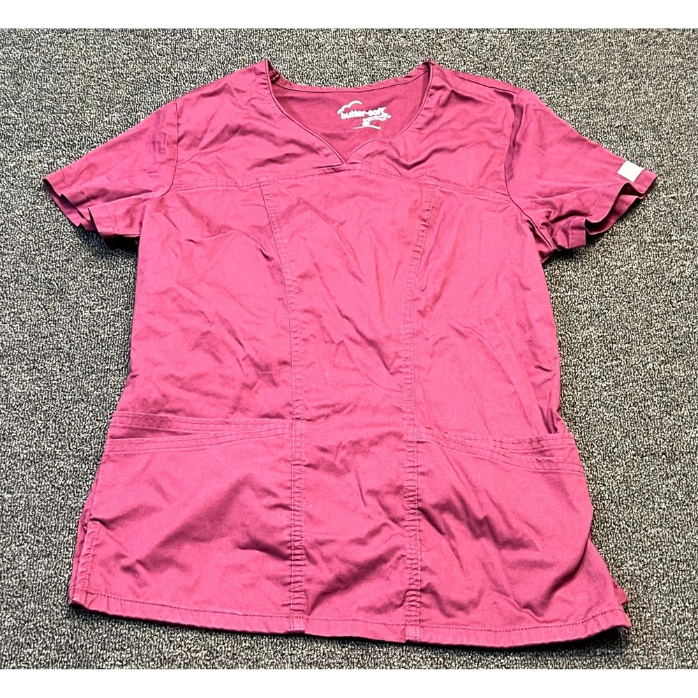 Butter-Soft Scrub Top Women's XS Pink Stretch Patch Pockets Lightweight V Neck